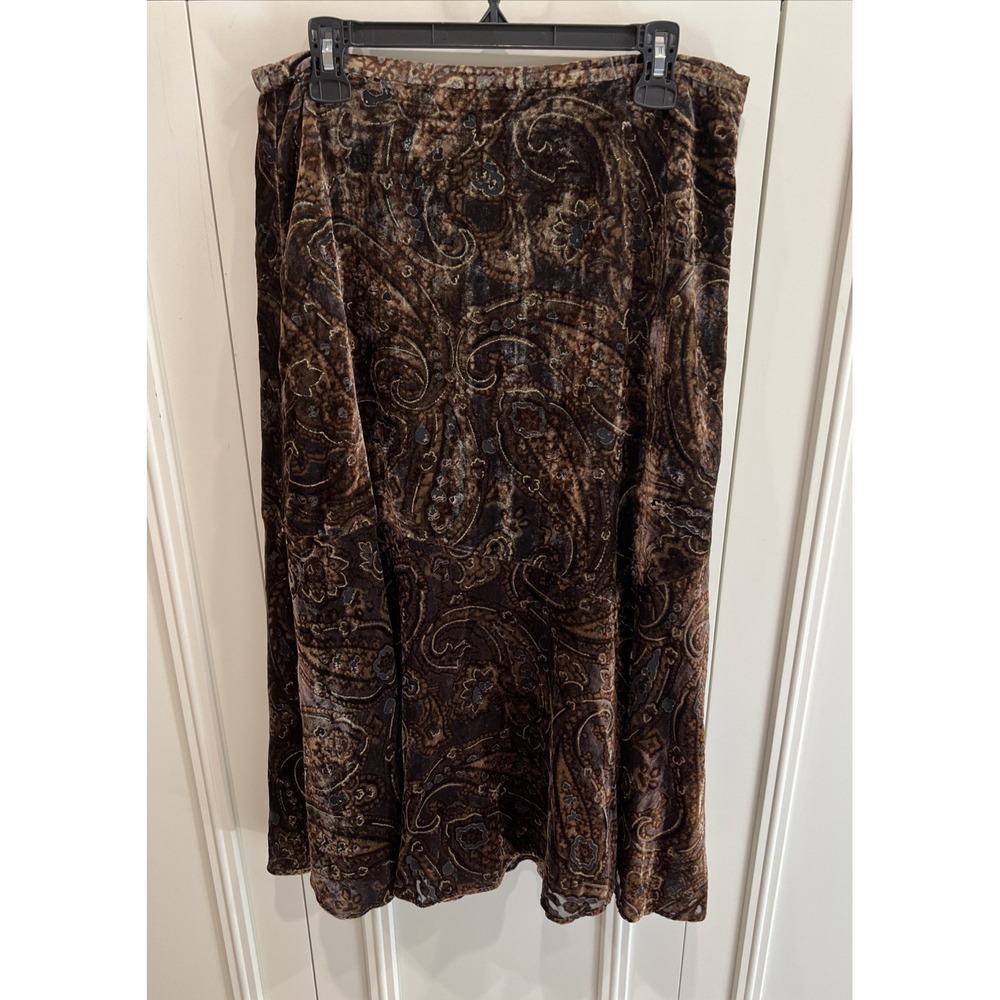 Coldwater Creek Brown Velvet Burnout Paisley MIDI Skirt Preppy Boho Western